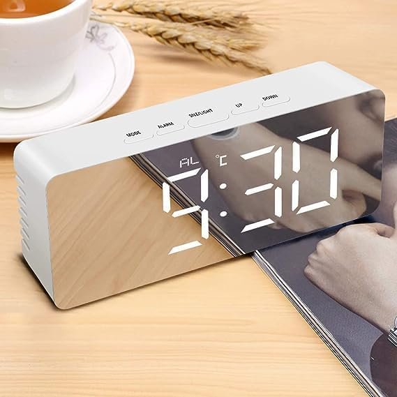 Digital LED Mirror Alarm Clock Smart Back Light Table Mirror Alarm Clock with Sensor Date and Temperature for Office Home and Bedroom with Free Batteries
