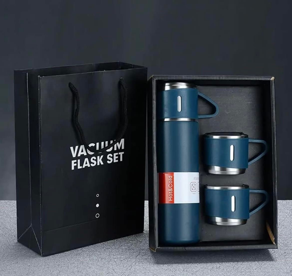 Stainless Steel Vacuum Insulated Bottle Water Flask Gift Set with Two Cups Hot & Cold | Diwali Gifts for Employees | Corporate Gift Items | Vacuum Flast Set with 2 Mugs (Dark Blue)