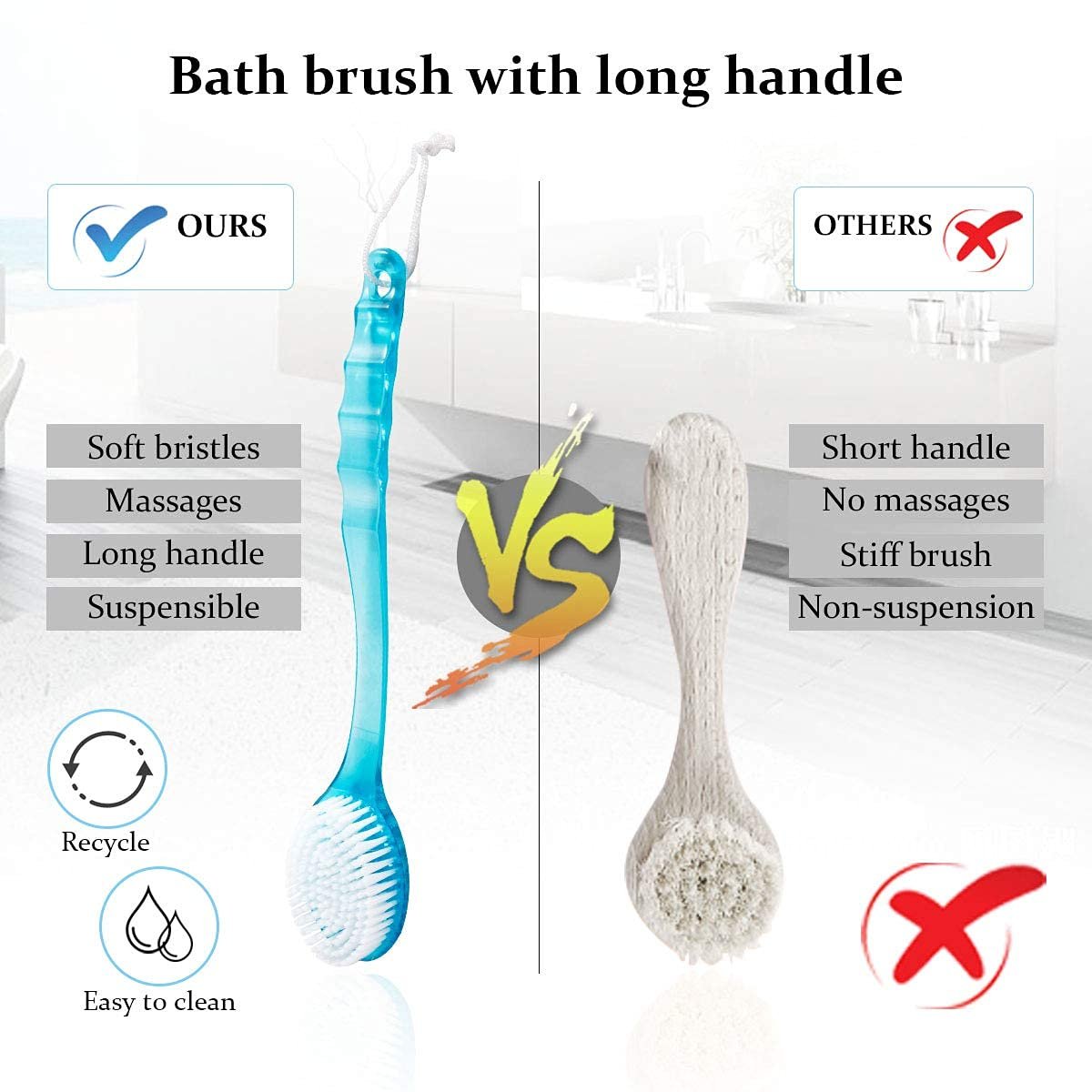 Body Bath Shower Back Brush Massager Spa Scrubber Long Handle with Super Soft Bristles Back Scrubber Wholesome Dry Skin Bath Brush (Blue)